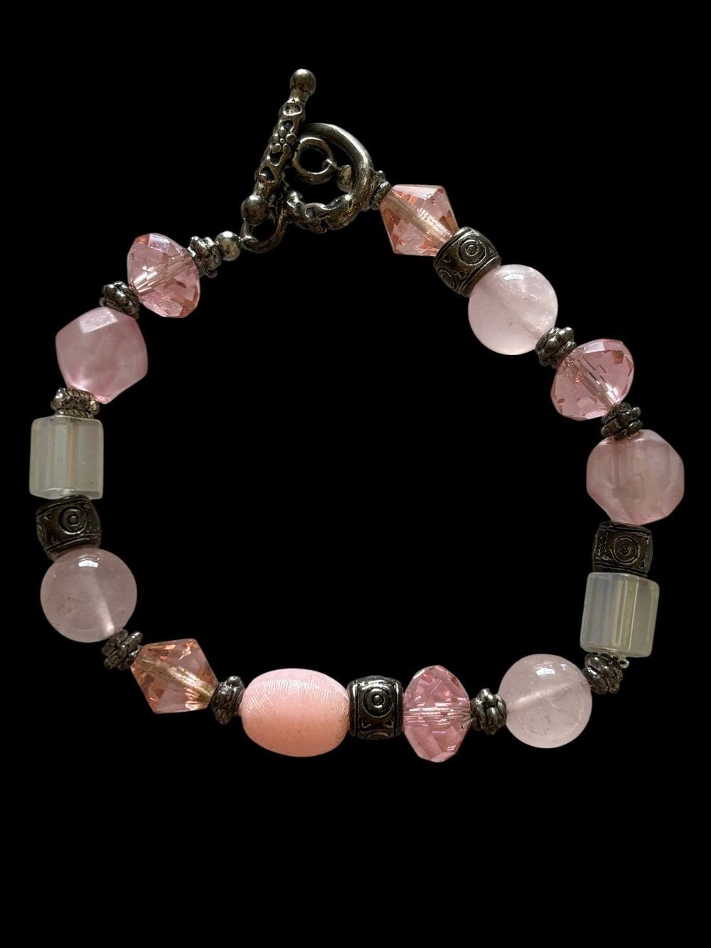 Rose Quartz Crystal glass bead Bracelet beaded toggle clasp artisan made 8”